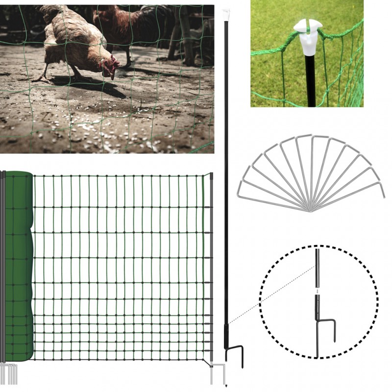 IDMarket Kit Clôture Filet à Poules 12 M Avec Porte + 6 Piquets Double Pointe – Parfait Pour Élevage Plein Air